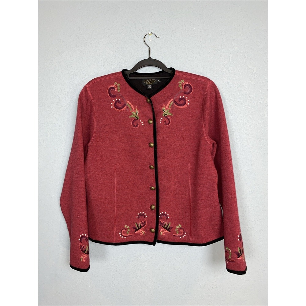 Icelandic Design Jacket Women's Med‎ Red Floral Boiled Wool Embroidery Button Up